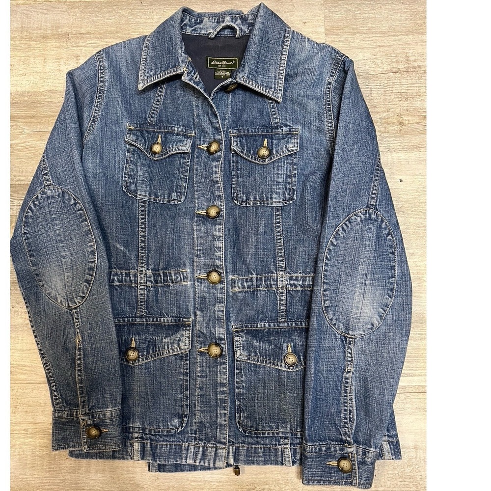 Eddie Bauer Womens Medium Wash Denim Utility Field Jacket Elbow Patch Blue Small